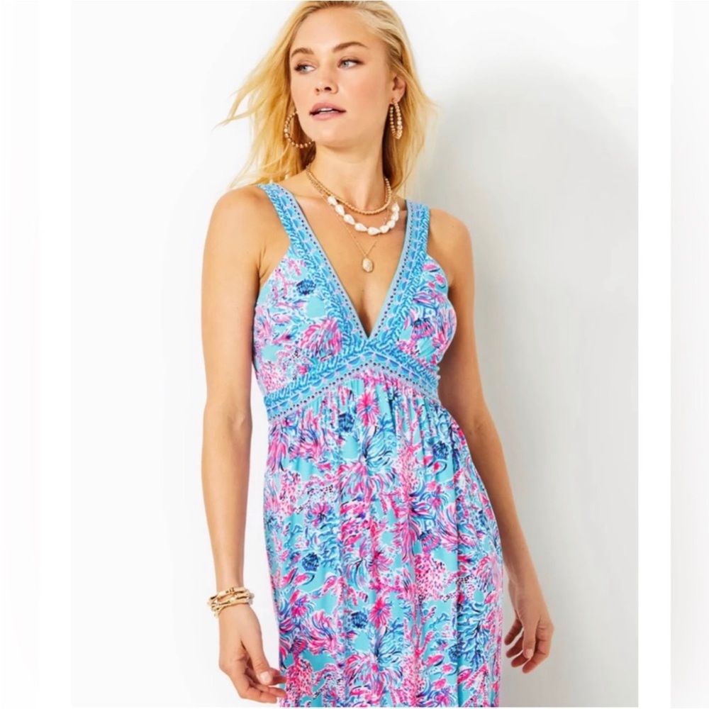 Lilly Pulitzer NWT Serena V-Neck Maxi Dress in Celestial Blue Seek and Sea 00 - Picture 2 of 16
